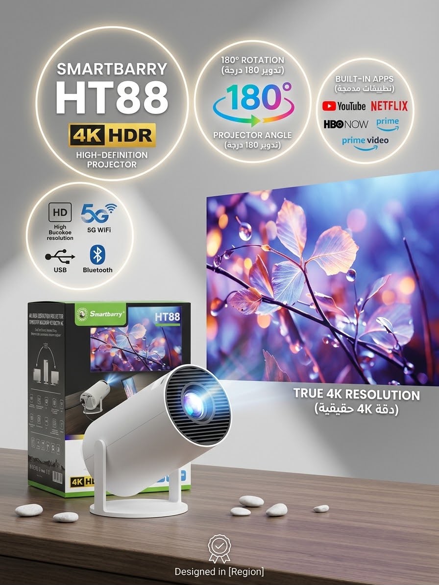 بروجكتور Smartbarry HT88 4K HDR مع عرض صورة عالية الدقة