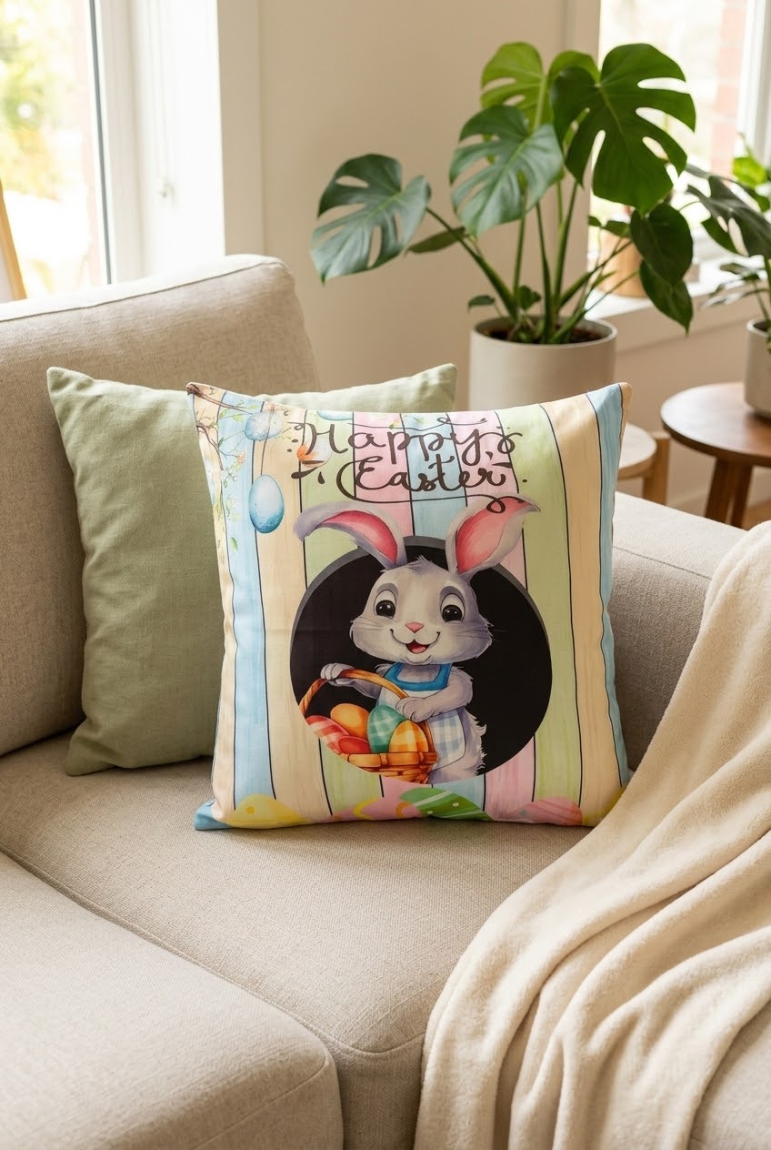غطاء مخدة Happy Easter - على كنبة