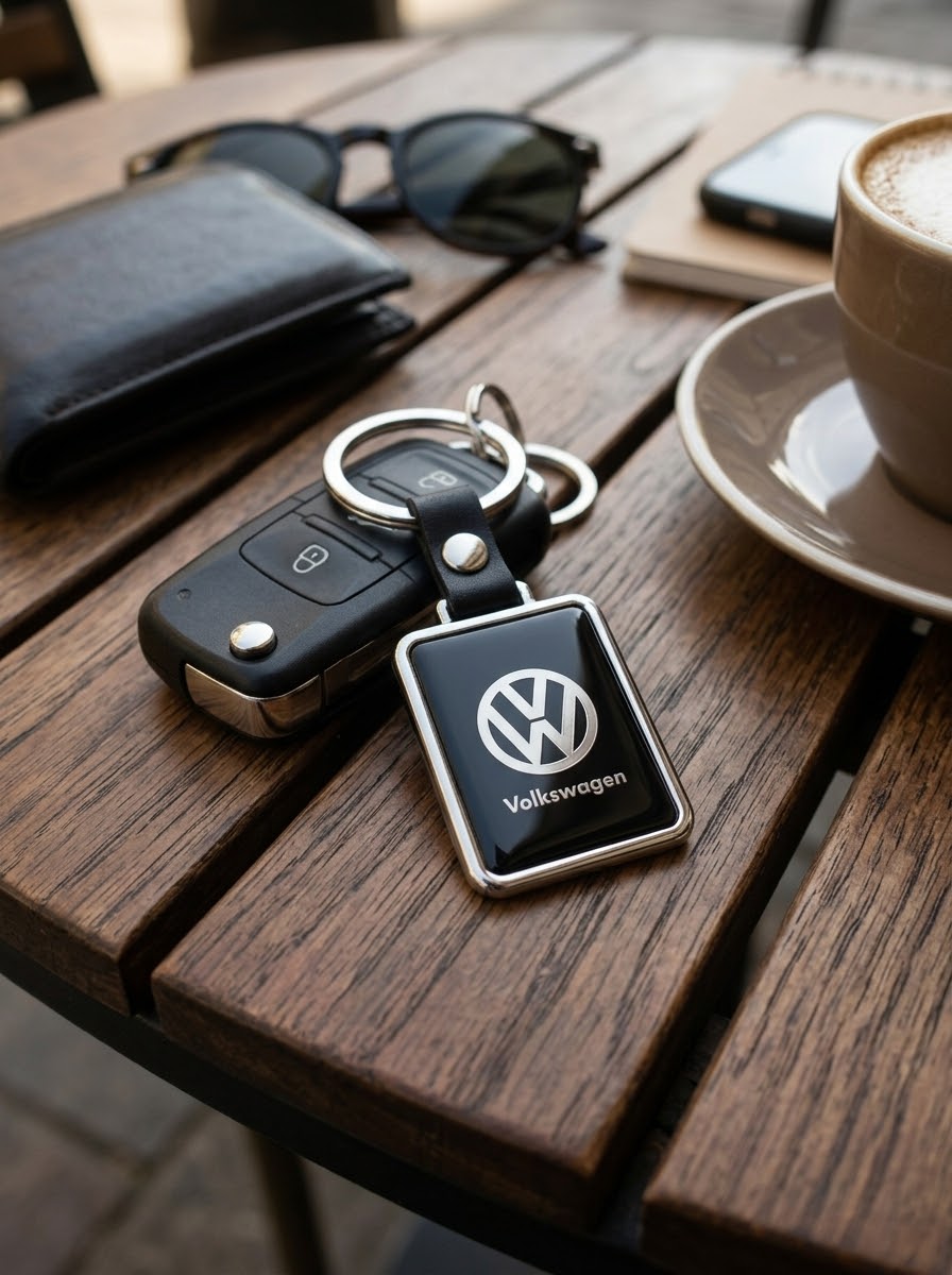 ميدالية مفاتيح Volkswagen على طاولة خشبية